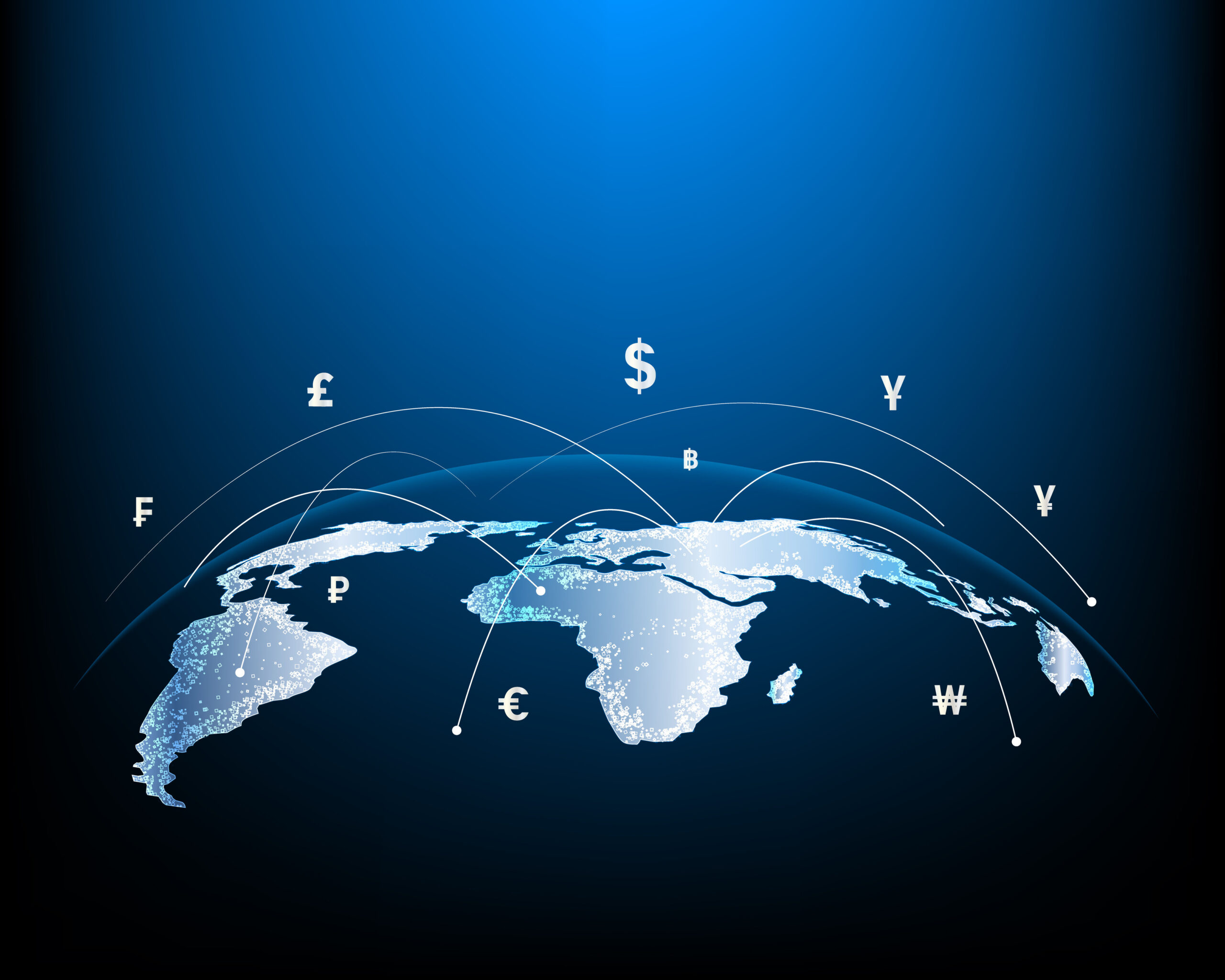 Currency network and money transfers and currency exchanges between countries of the world