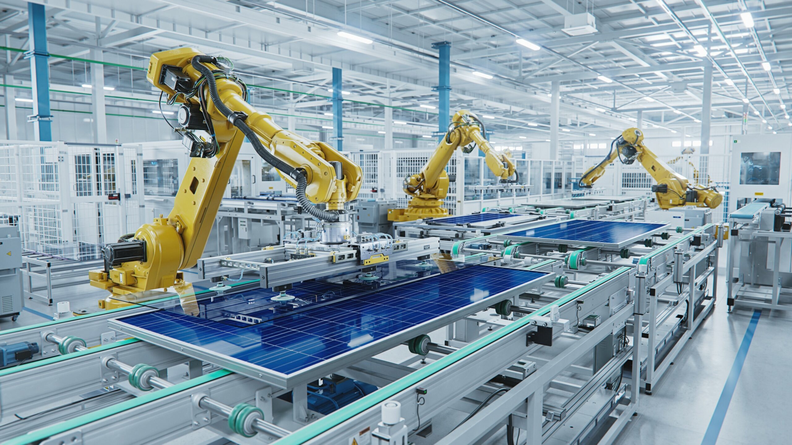 Large Production Line with Industrial Robot Arms at Modern Brigh