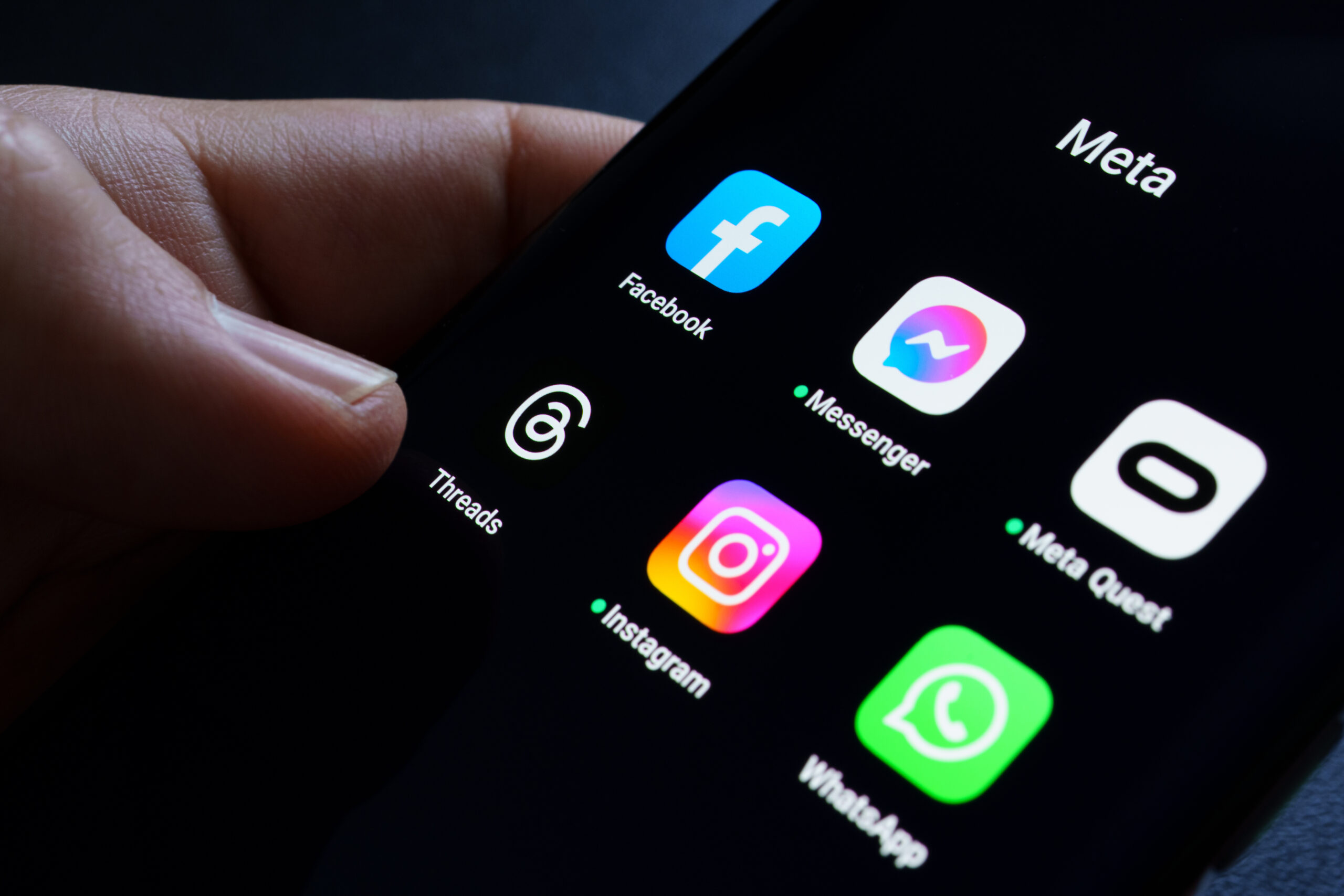 All Meta Platforms apps on the screen of smartphone Facebook, Instagram, WhatsApp, Messenger, Threads, Meta Quest, Workplace. Concept Stafford, United Kingdom, July 6, 2023
