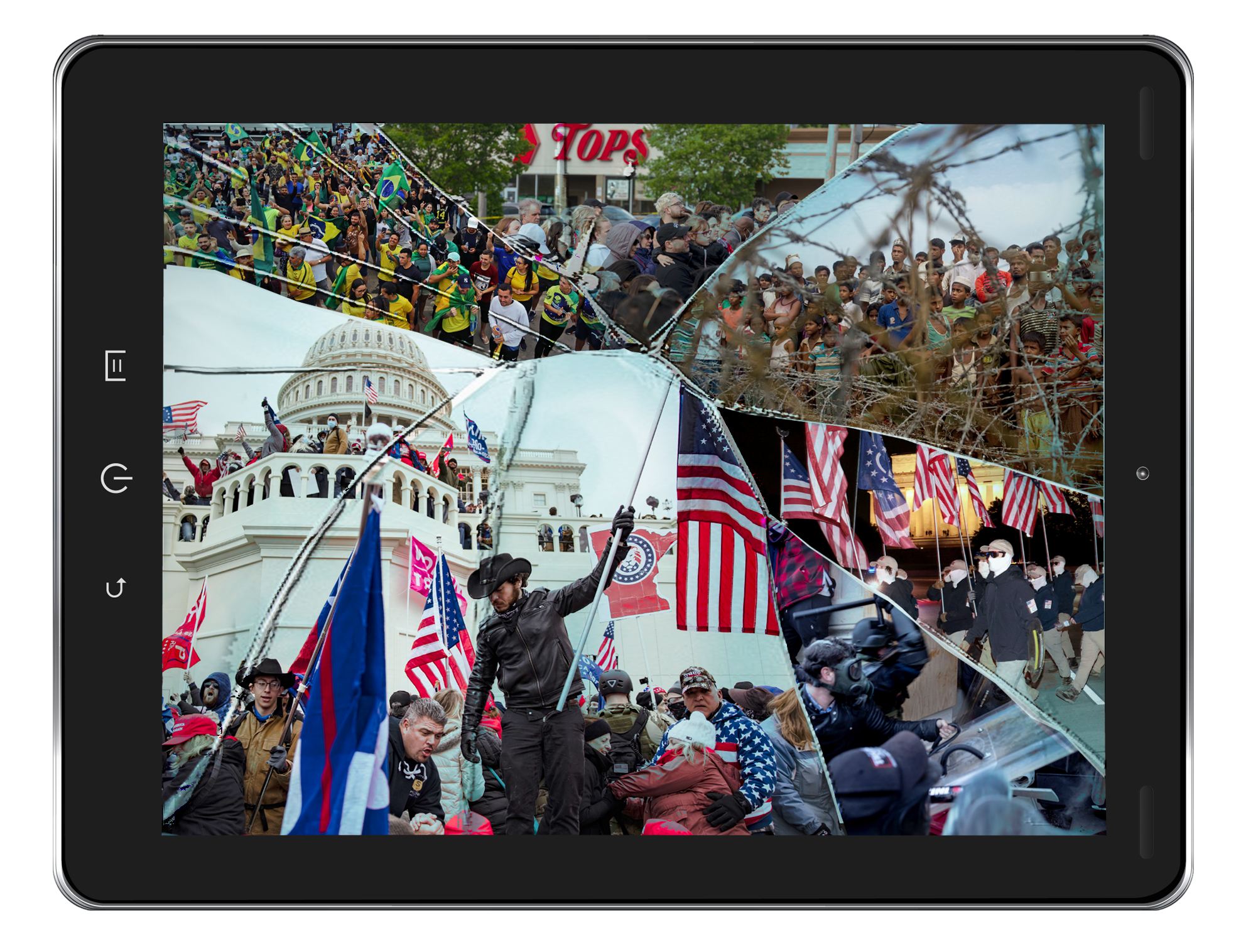 Image of a cracked iPad screen that shows images from various politically motivated events