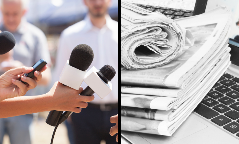 Side-by-side image depicting two aspects of journalism: on the left, reporters holding microphones during an interview, and on the right, a stack of newspapers placed on a laptop keyboard.